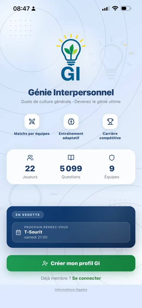 L'accueil de l'application GI — ce que tu vois en arrivant